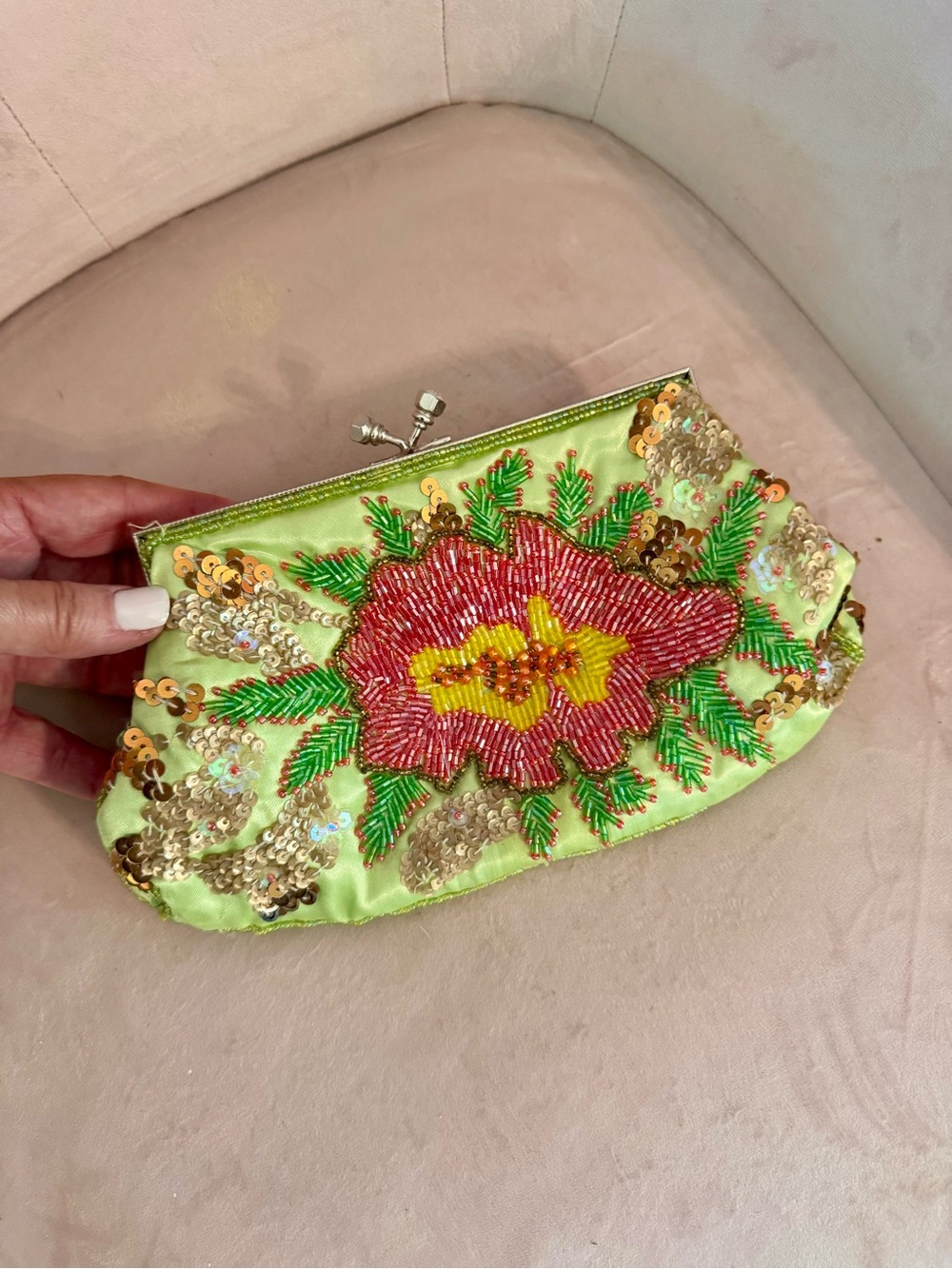 Vintage Beaded Floral Evening Clutch Whimsical Sequin green crossbody